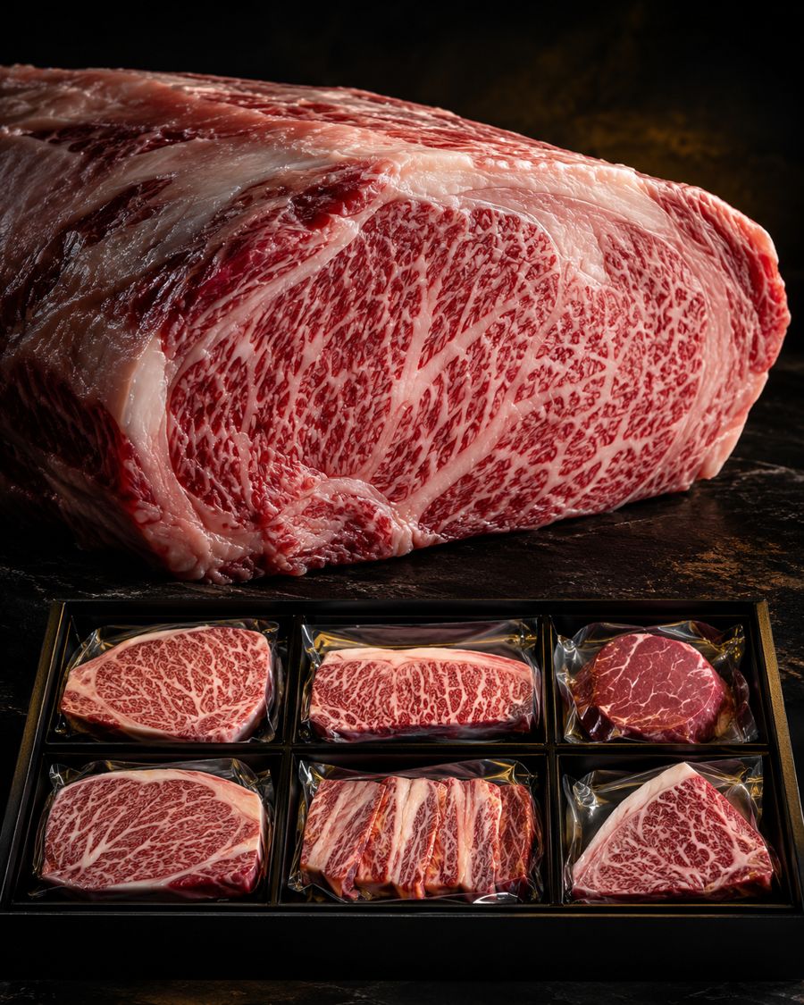 霜降りの肉の塊と6区画の箱（写真はイメージ）